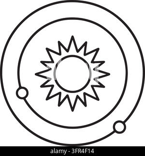 A line art icon illustrates a sun with two planets orbiting around it. Stock Vector