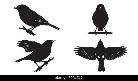 Set of four black bird silhouettes in various poses perched and flying Stock Vector