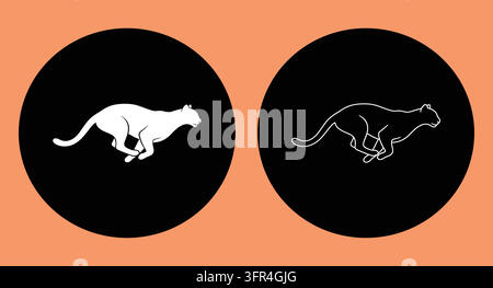 Circular design set with a solid white and a linear jumping cheetah on black Stock Vector