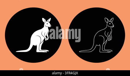 Graphic set of kangaroo animal icons on circular background with australian wild Stock Vector