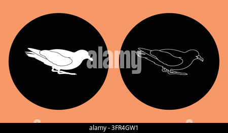Seagull standing on shore in pair of decorative circles with sea bird Stock Vector