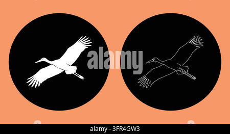 Flying crane in pair of artistic circular graphic designs with bird flight Stock Vector