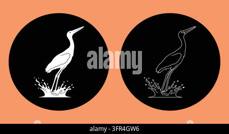 Heron landing in water in pair of creative graphic circles with bird Stock Vector