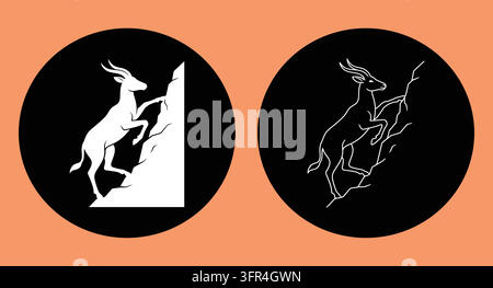 Deer climbing steep mountain in solid and outline graphic design Stock Vector