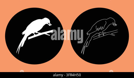 Parrot perched on a branch presented in both solid and linear artistic styles Stock Vector