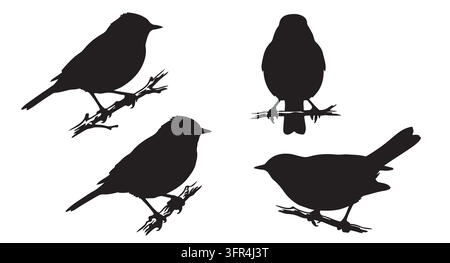 Set of black bird silhouettes perched on tree branches Stock Vector