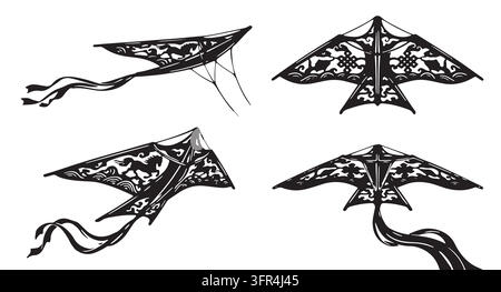 Four detailed flying kites with ribbons in black ink style, and white Stock Vector