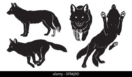 Black silhouette collection of wild foxes in various active poses with wildlife Stock Vector
