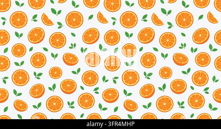 Seamless pattern of fresh orange slices and green leaves with citrus fruit Stock Vector