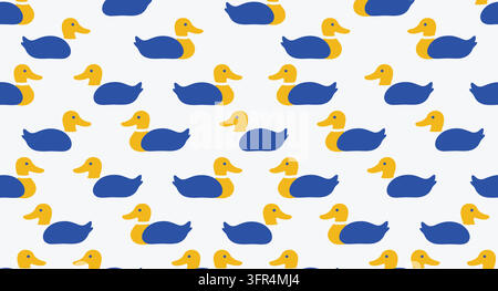 Seamless repeating pattern of stylized blue and yellow ducks on white background Stock Vector