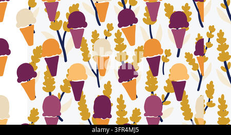 Seamless summer pattern of sweet ice cream cones and wheat stalks Stock Vector