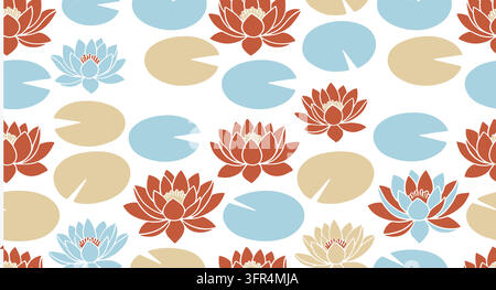 Seamless aquatic pattern featuring red water lilies and lily pads Stock Vector