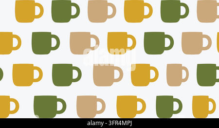 Pattern of colorful coffee mugs arranged on white background with drinkware Stock Vector