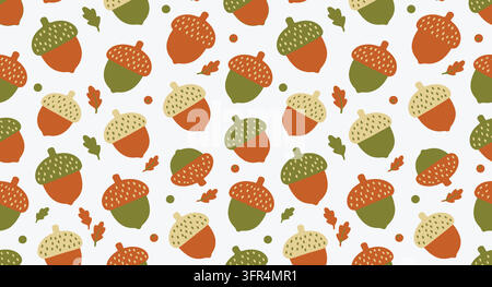 Autumn harvest pattern with acorns and oak leaves leaf seamless Stock Vector