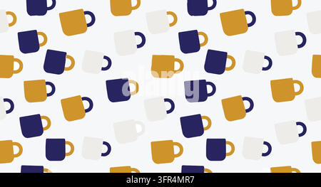 Seamless pattern of colorful coffee mugs on a white background with mug Stock Vector