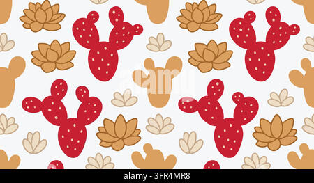 Botanical desert seamless pattern with red prickly pear cacti and succulents Stock Vector