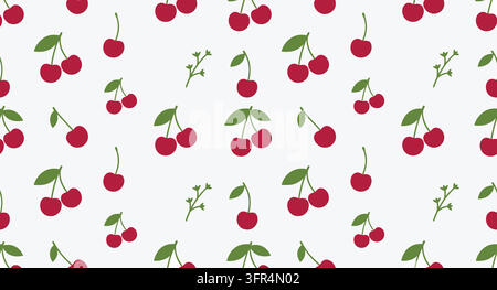 Seamless pattern of red cherries with green leaves on white background Stock Vector