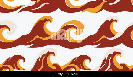 Abstract wave pattern with flowing ocean curves in red and gold Stock Vector