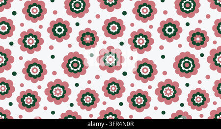 Retro floral seamless pattern with stylized pink and green flowers Stock Vector