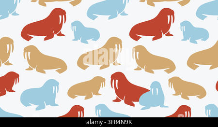 Seamless wildlife pattern featuring colorful walrus animals on white background Stock Vector