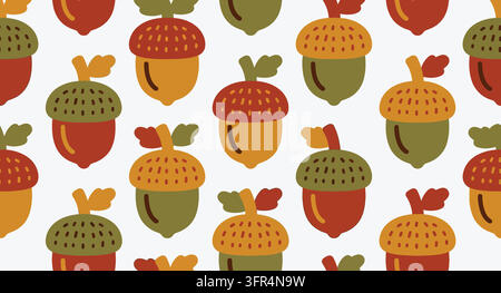 Autumnal seamless pattern of hand drawn oak acorns with leaves Stock Vector