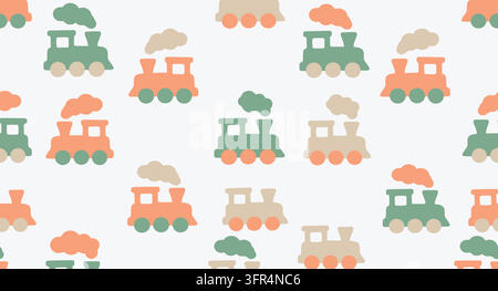 Seamless pattern of cute colorful steam trains on white background with railroad Stock Vector