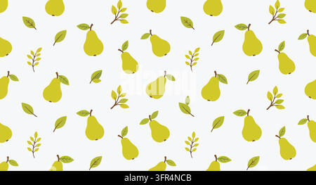 Seamless pattern of fresh green pears and leaves on white background Stock Vector