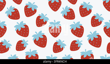 Seamless pattern of red strawberries with light blue stems on white background Stock Vector