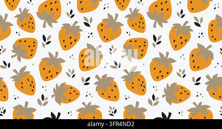 Seamless pattern featuring abstract yellow strawberries and dark leaves Stock Vector