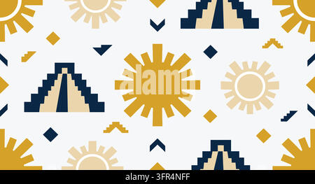 Seamless pattern featuring ancient pyramid structures and stylized sun motifs Stock Vector