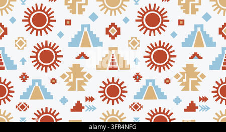 Aztec inspired seamless pattern featuring temples and suns on white background Stock Vector