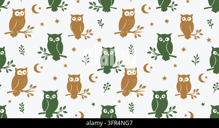 Seamless pattern with cute hand drawn owls on branches forest animal owl Stock Vector