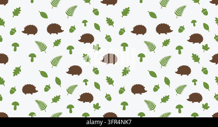 Seamless pattern with cute hedgehogs and woodland leaves on white background Stock Vector