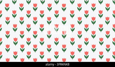 Seamless pink tulip flower pattern with green leaves white background Stock Vector