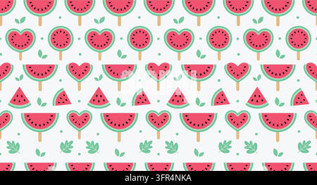 Seamless watermelon slice and popsicle pattern on light background with ice pop Stock Vector