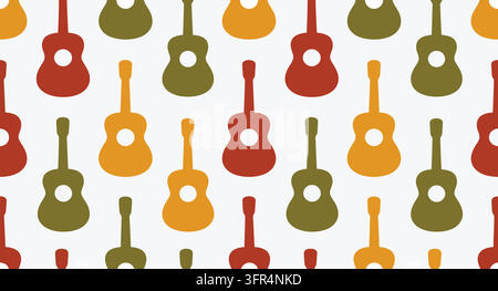 Seamless musical pattern of acoustic guitars arranged neatly on white background Stock Vector