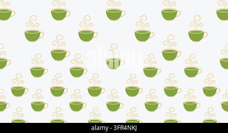 Seamless hot tea cup pattern with steam on light background Stock Vector
