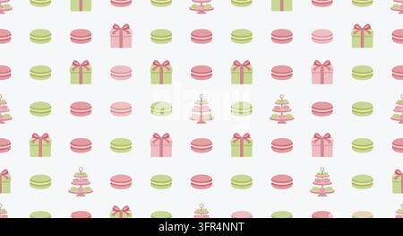 Sweet bakery macarons and wrapped gift boxes holiday pattern with seamless Stock Vector