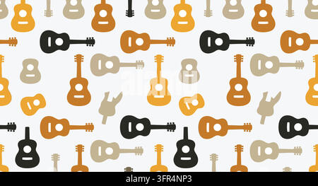 Acoustic guitar pattern repeating on a white background with musical instrument Stock Vector