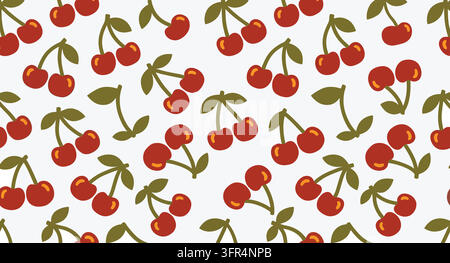 Playful seamless pattern of fresh red cherries with green leaves Stock Vector