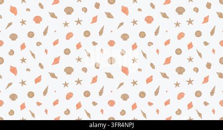 Seamless marine seashell and starfish pattern in coral tones with repeating patt Stock Vector