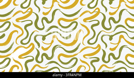 Abstract seamless pattern with flowing brush stroke lines in green and gold Stock Vector