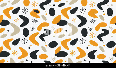 Mid century modern pattern with orange and dark gray abstract boomerang shapes Stock Vector