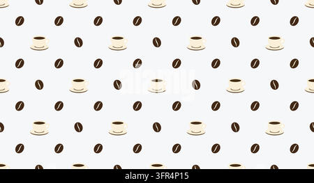 Seamless pattern of coffee cups and roasted beans on a light background Stock Vector