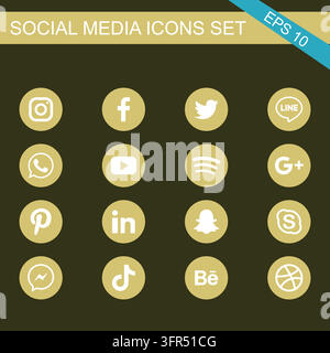 Set of white social media application symbols on round golden background buttons Stock Vector