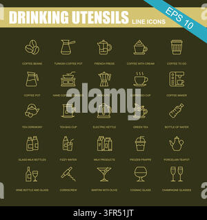 Set of outline drinking utensils and beverage service equipment line art Stock Vector