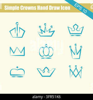 Collection of nine hand drawn simple crown sketches Stock Vector
