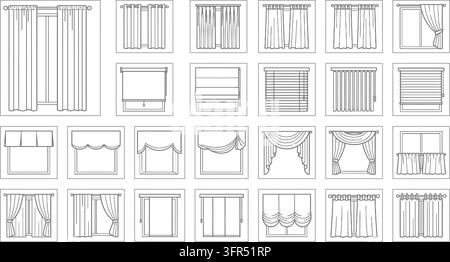Set of various window curtains and blinds in simple linear style with home decor Stock Vector