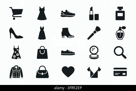 Set of black shopping and fashion symbols on white background Stock Vector