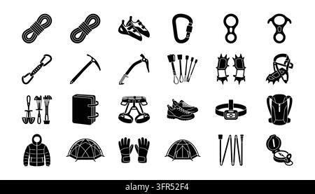 Compilation of professional mountaineering and rock climbing gear icons Stock Vector